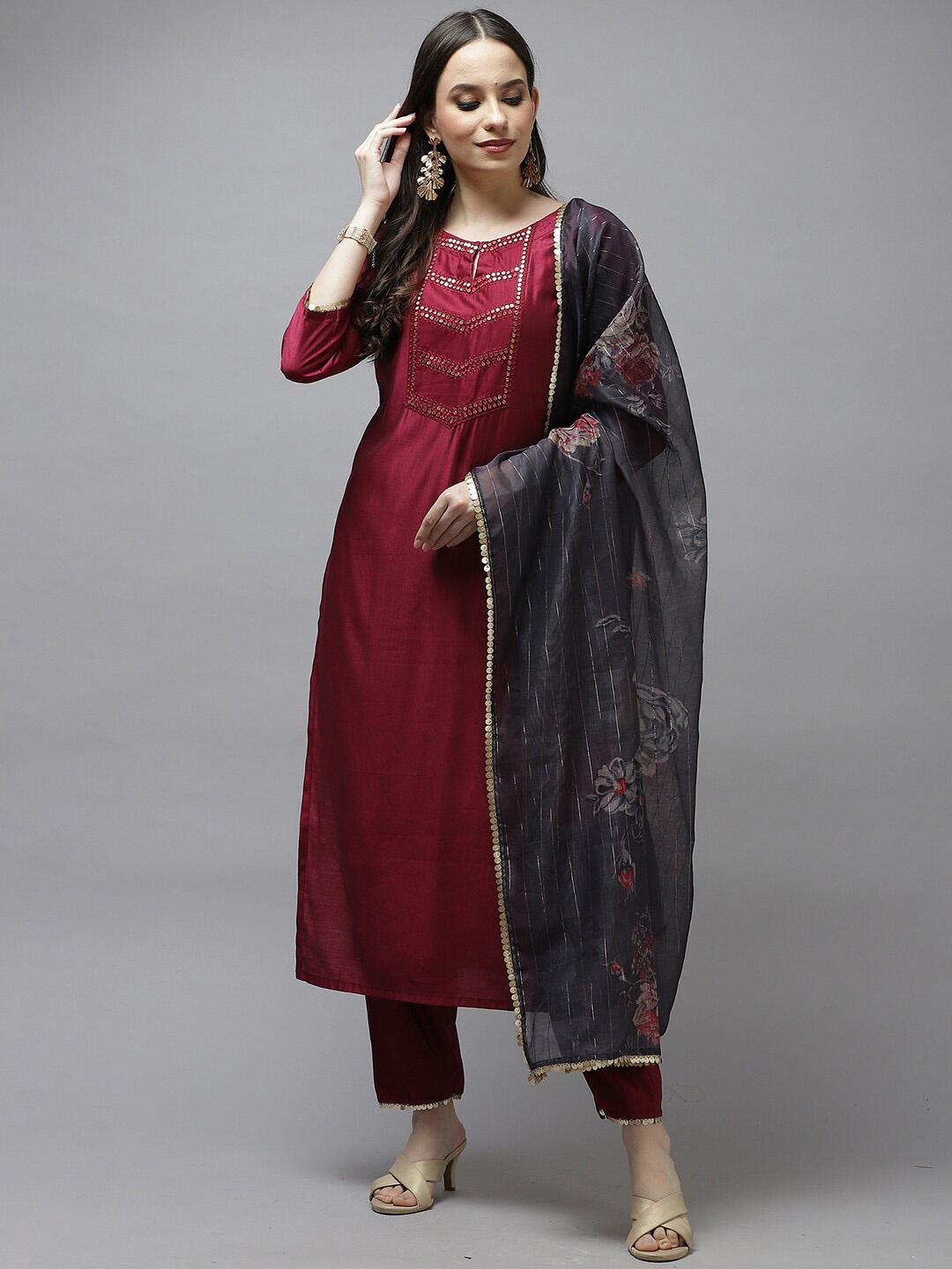 

Indo Era Sequinned Straight Liva Kurta with Trousers & With Dupatta, Magenta