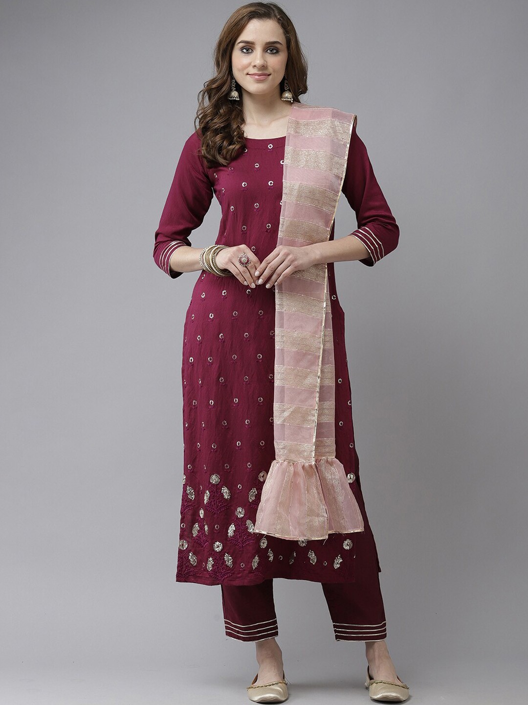 

Indo Era Floral Embroidered Sequinned Pure Cotton Kurta with Trousers & Dupatta, Purple