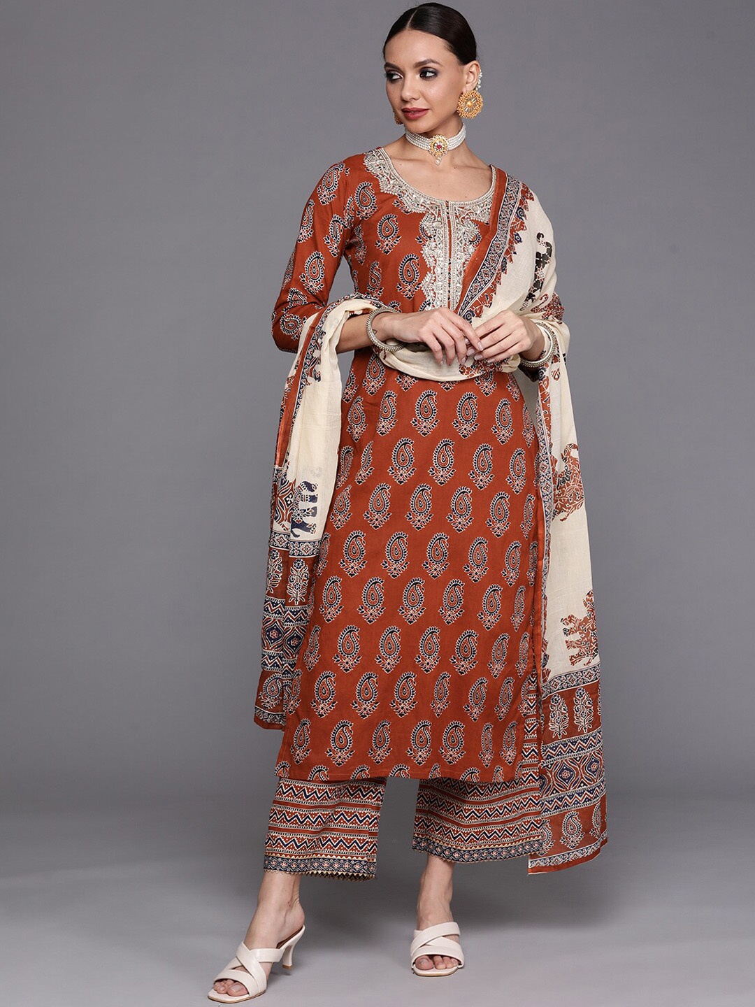 

Indo Era Ethnic Motifs Printed Sequinned Kurta with Palazzos & With Dupatta, Rust