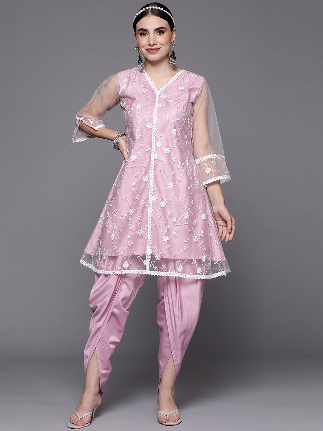 

Indo Era Floral Embroidered Sequinned A-line Kurta with Dhoti Pants Set, Mauve