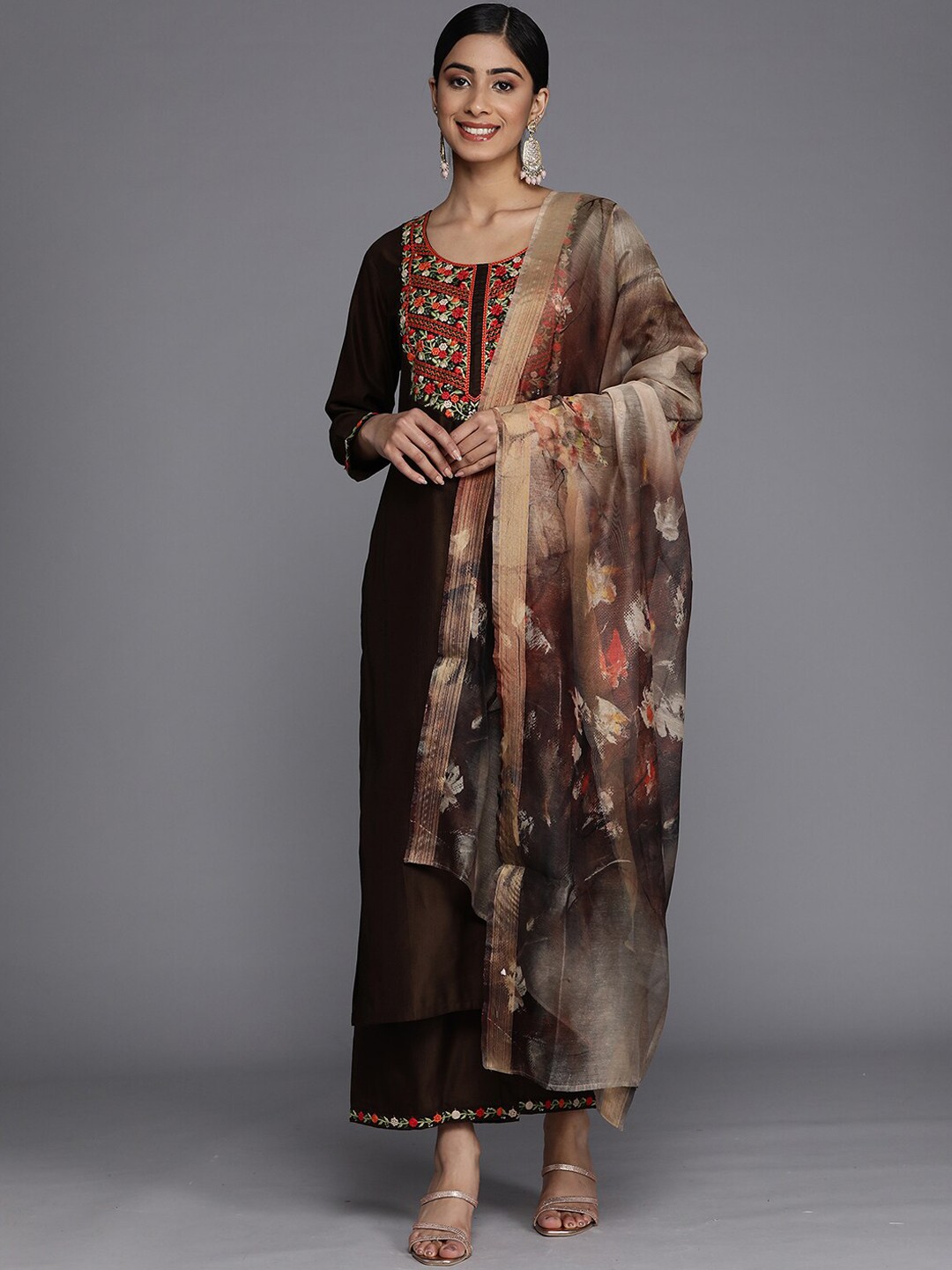 

Indo Era Floral Embroidered Sequinned Kurta with Palazzos & Dupatta, Brown