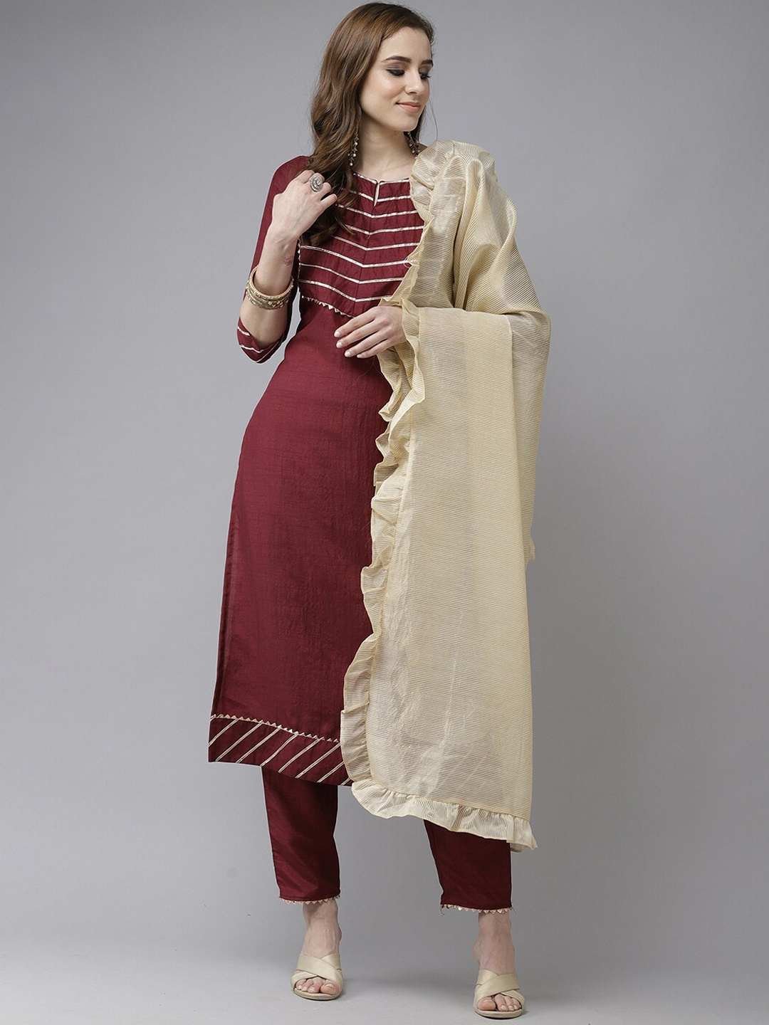 

Indo Era Yoke Design Gotta Patti Kurta with Trousers & With Dupatta, Maroon