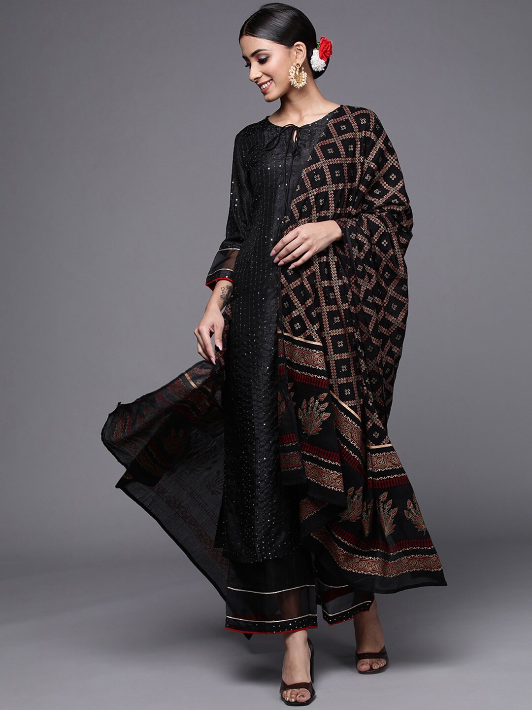 

Indo Era Strioed Embroidered Sequinned Kurta with Palazzos & With Dupatta, Black