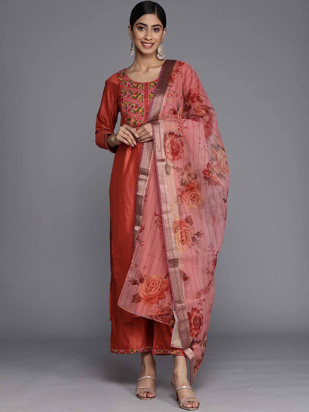 

Indo Era Floral Embroidered Thread Work Liva Kurta With Palazzos & Dupatta, Rust