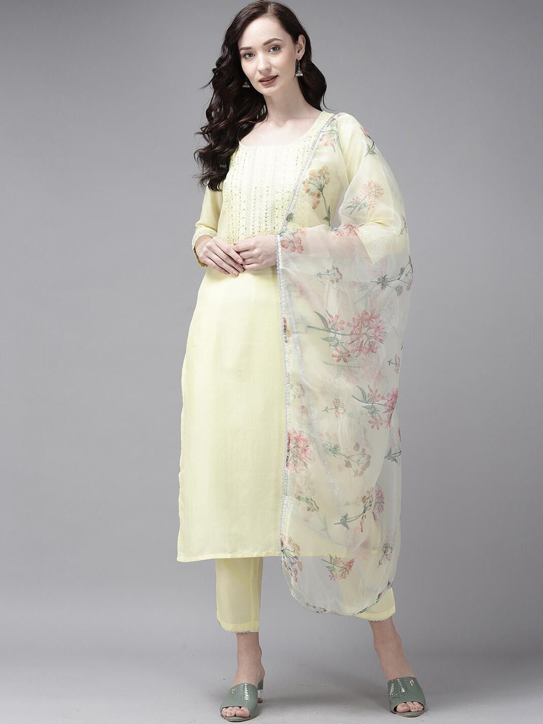 

Indo Era Ethnic Motifs Yoke Design Mirror Work Kurta With Trousers & Dupatta, Yellow