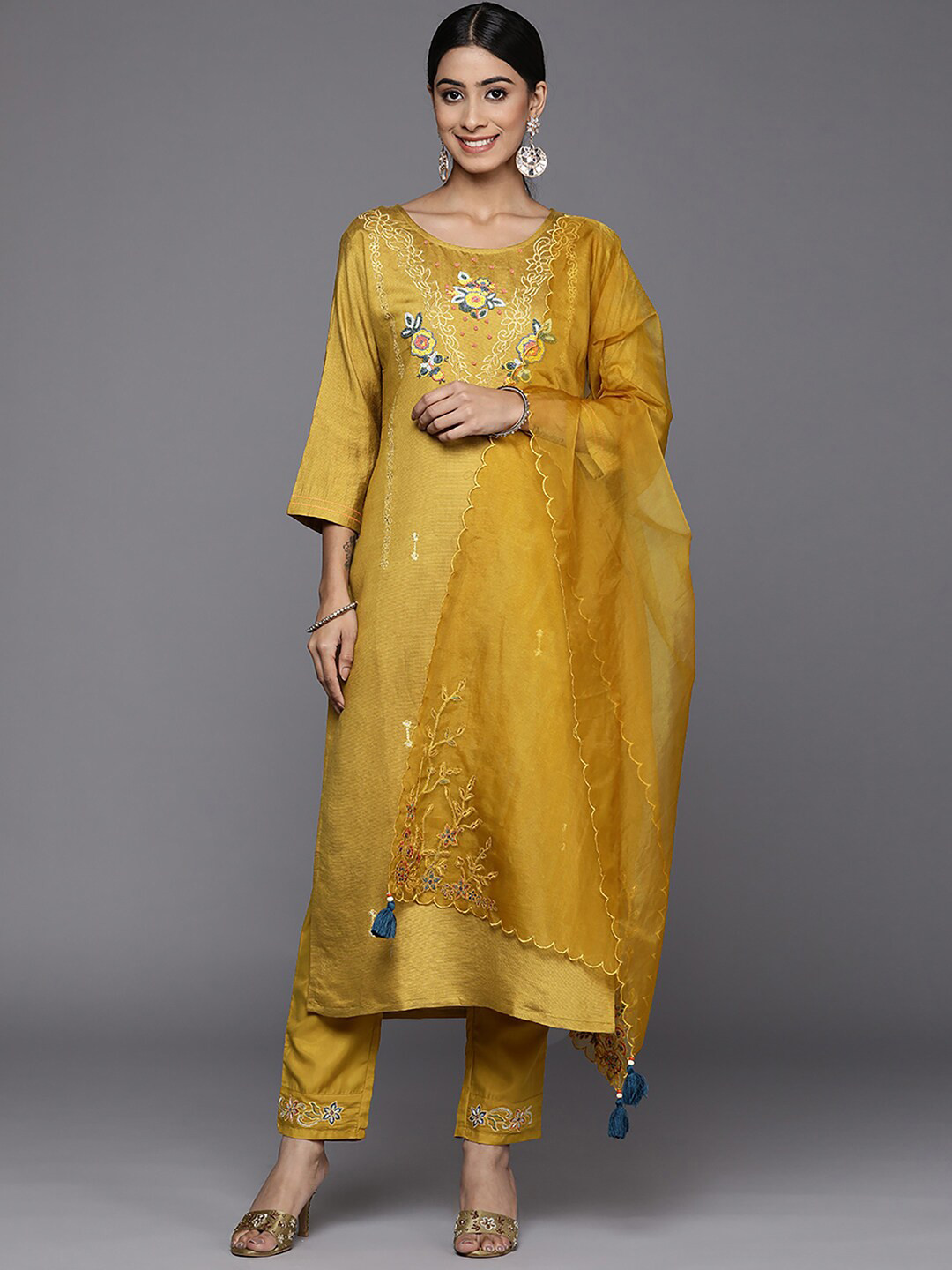 

Indo Era Ethnic Motifs Embroidered Beads and Stones Kurta With Trousers & Dupatta, Mustard