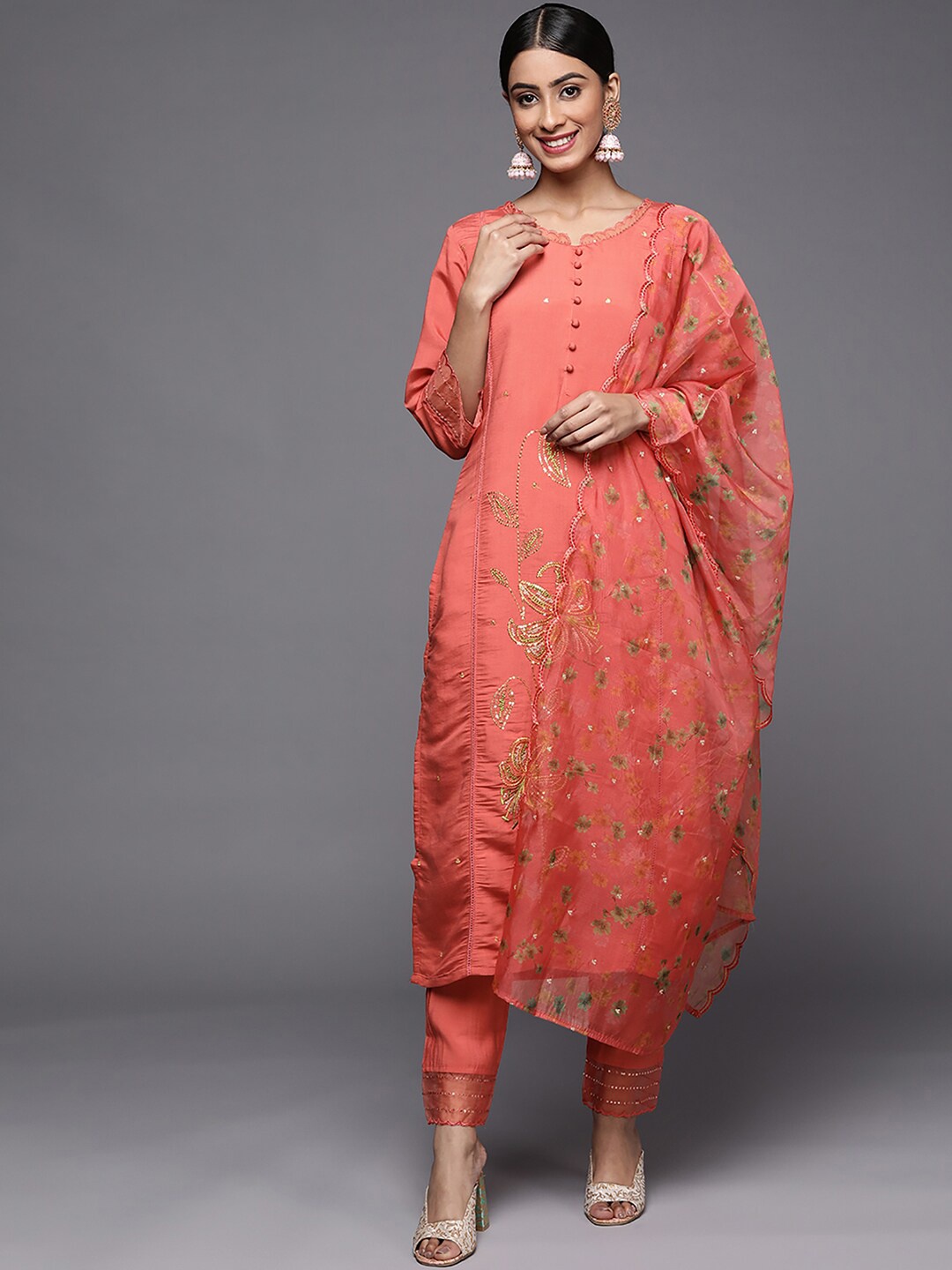 

Indo Era Ethnic Motifs Embroidered Sequinned Kurta with Trousers & With Dupatta, Rust