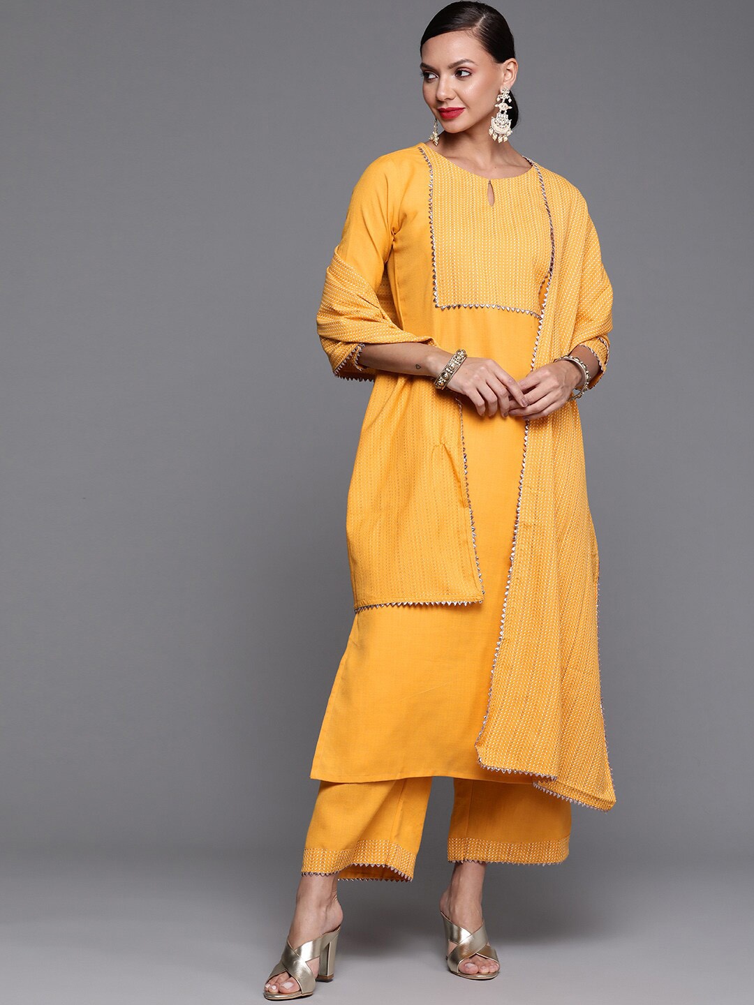 

Indo Era Yoke Design Kurta with Palazzos & With Dupatta, Yellow