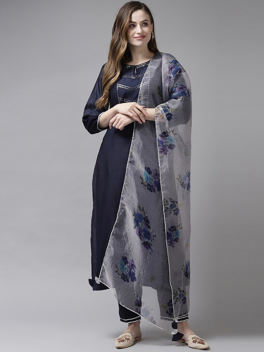 

Indo Era Embroidered Keyhole Neck Straight Kurta with Trousers & With Dupatta, Navy blue