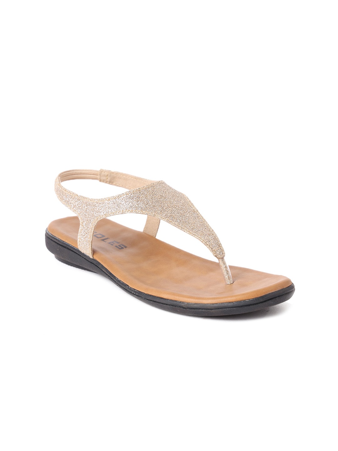 

SOLES Women Textured Open Toe T-Strap Flats, Gold