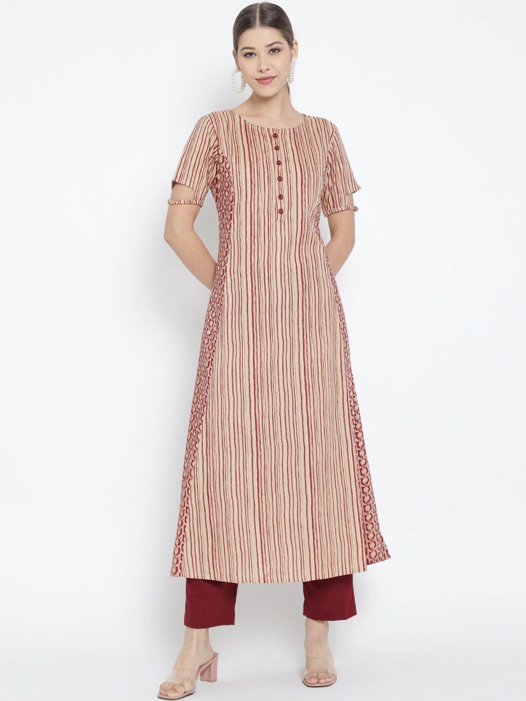 

YASH GALLERY Striped A-Line Kurta, Maroon