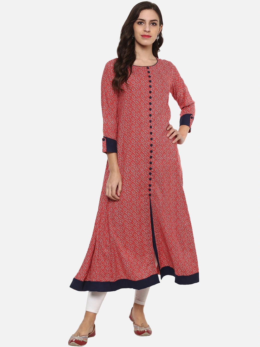 

YASH GALLERY Geometric Printed A-Line Round Neck Roll-Up Sleeves Kurta, Pink