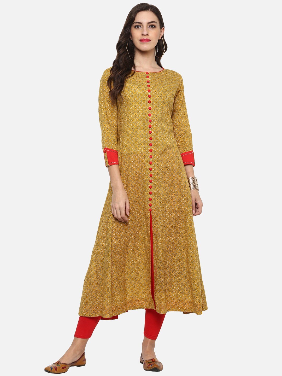 

YASH GALLERY Floral Printed Front Slit A-line Kurta, Yellow