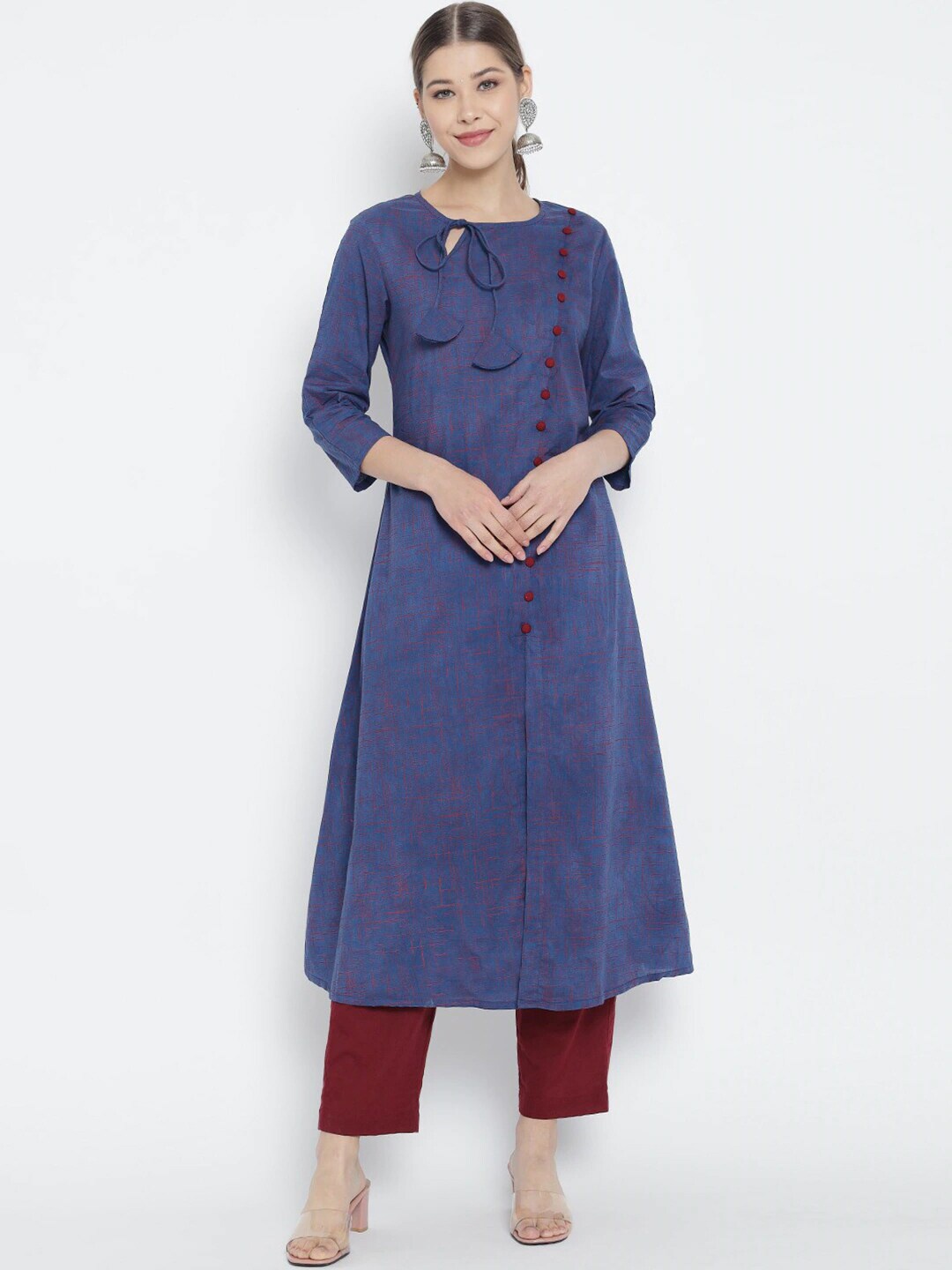 

YASH GALLERY Geometric Printed Tie Up Neck Cotton A-Line Kurta, Blue