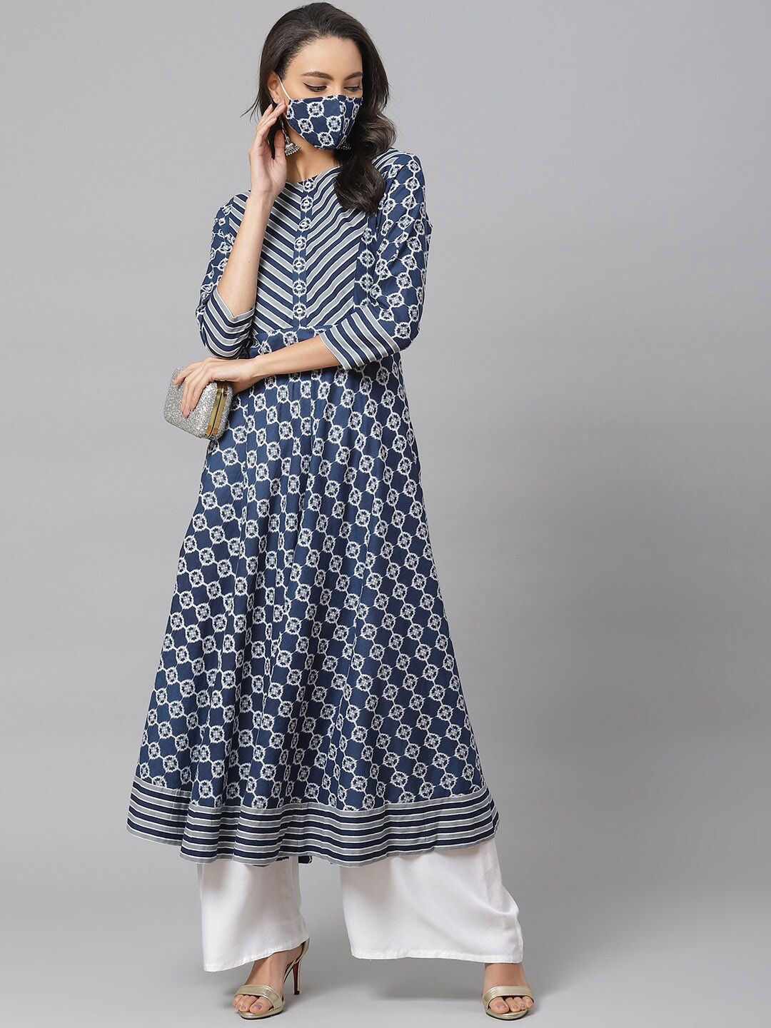 

YASH GALLERY Geometric Printed Cotton Anarkali Kurta, Blue