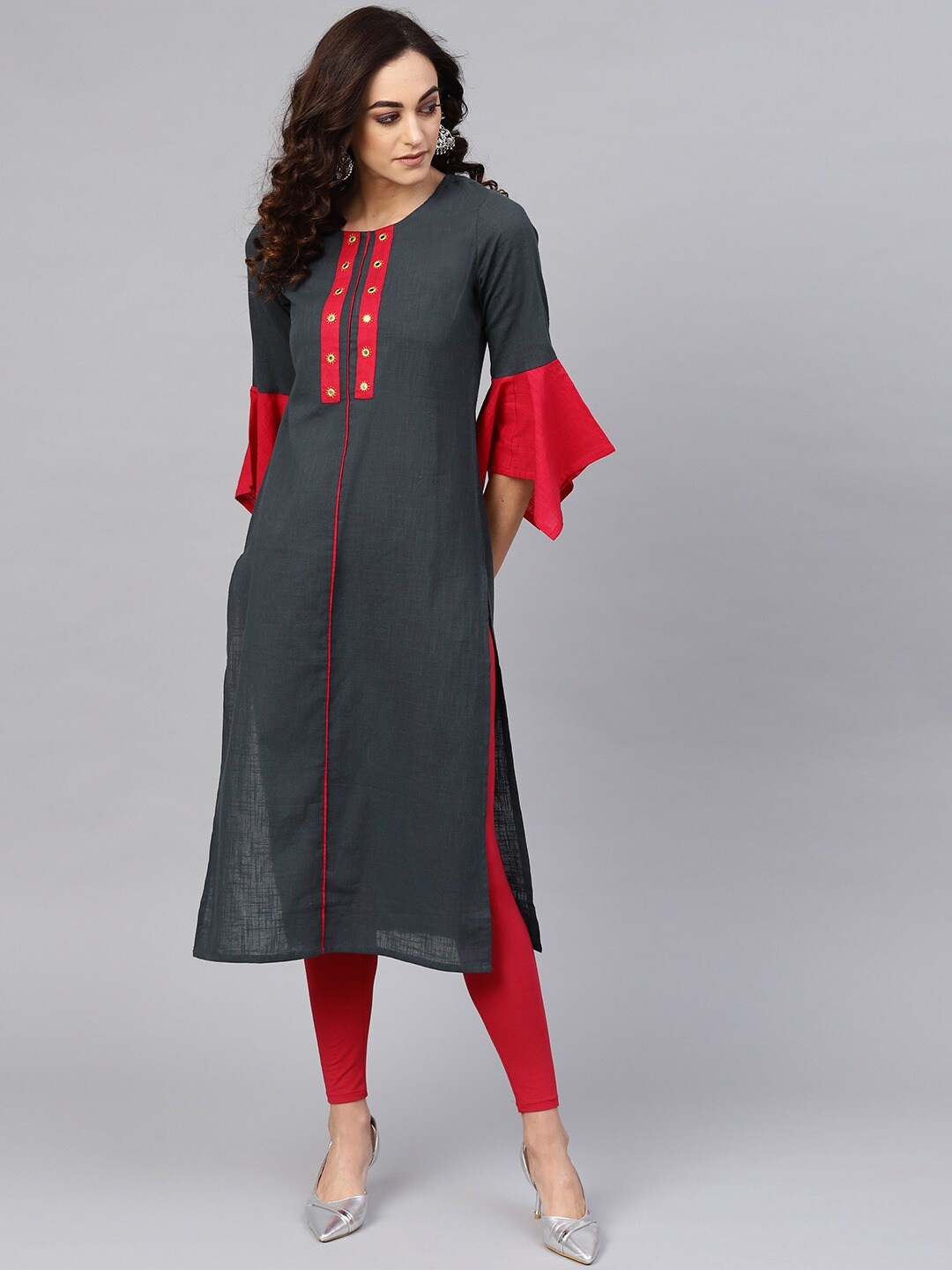 

YASH GALLERY Bell Sleeves Mirror Work Pure Cotton Kurta, Grey