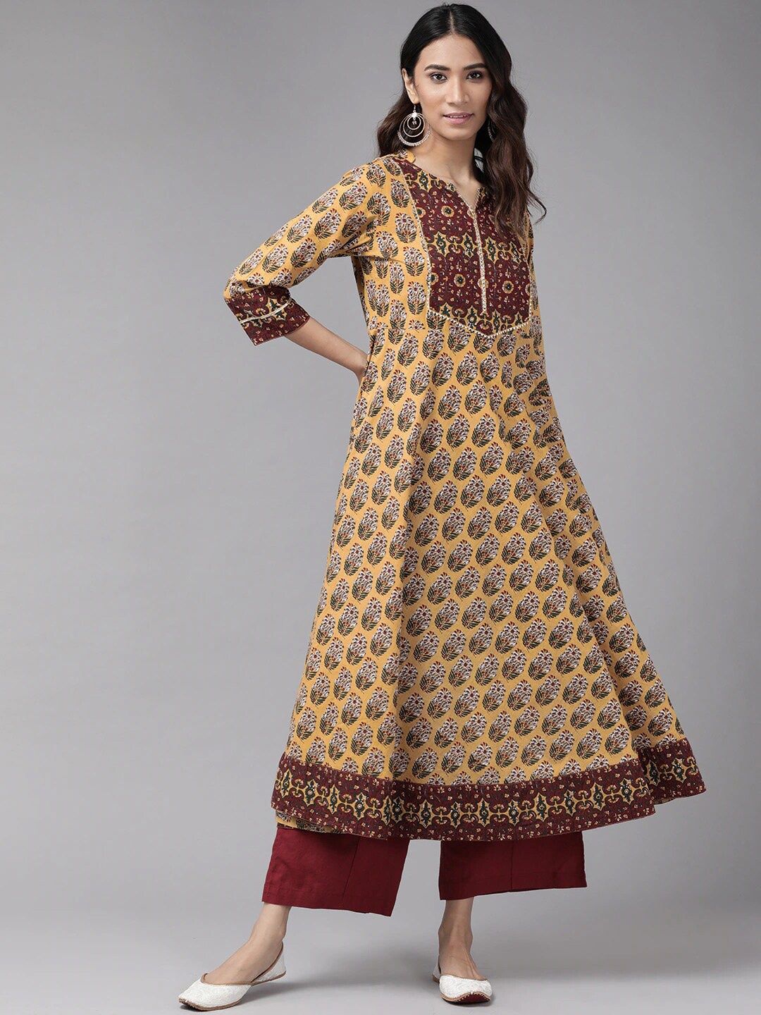 

YASH GALLERY Ethnic Motifs Printed Pure Cotton Anarkali Kurta, Mustard