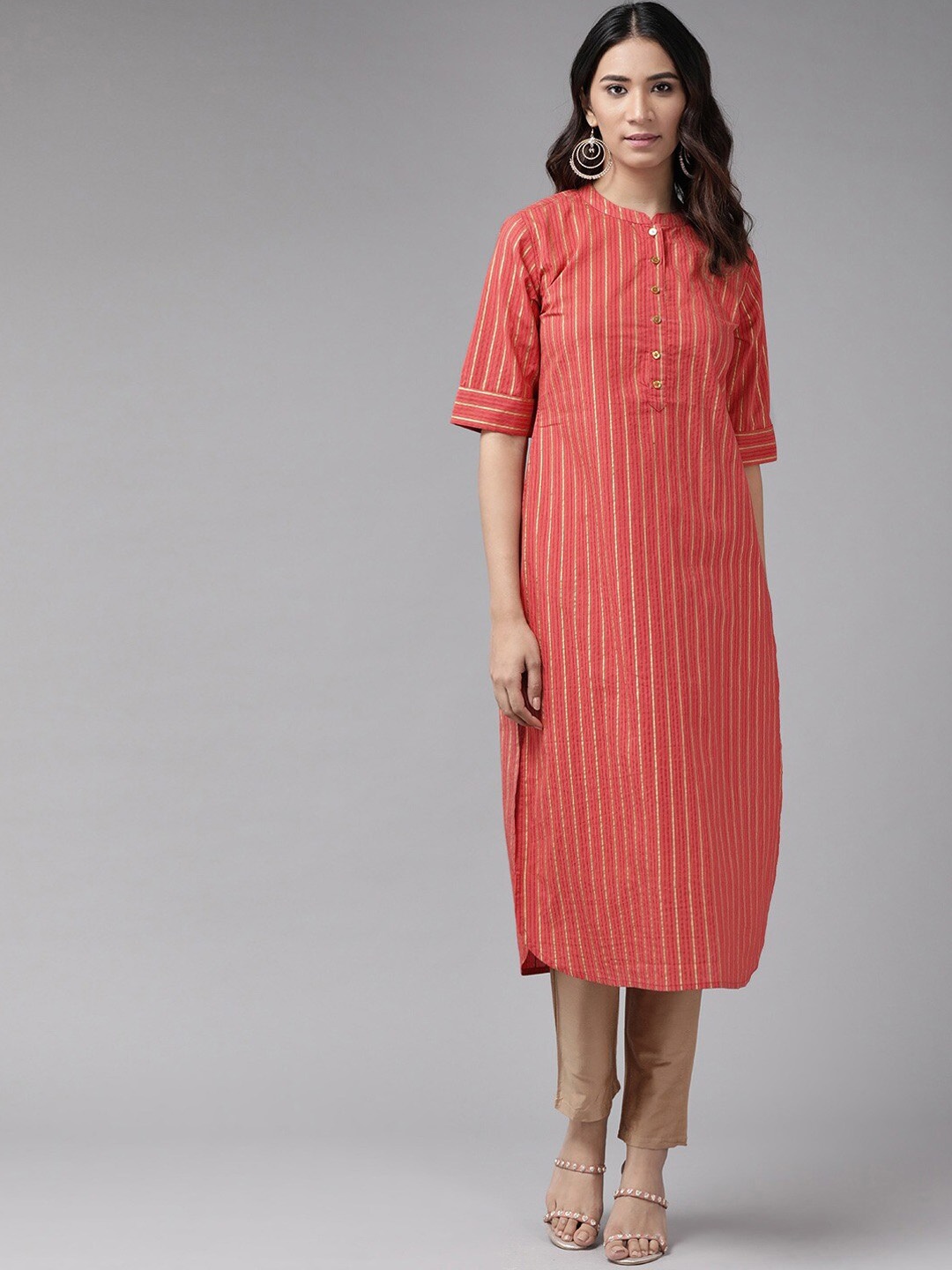 

YASH GALLERY Striped Pure Cotton Kurta, Red