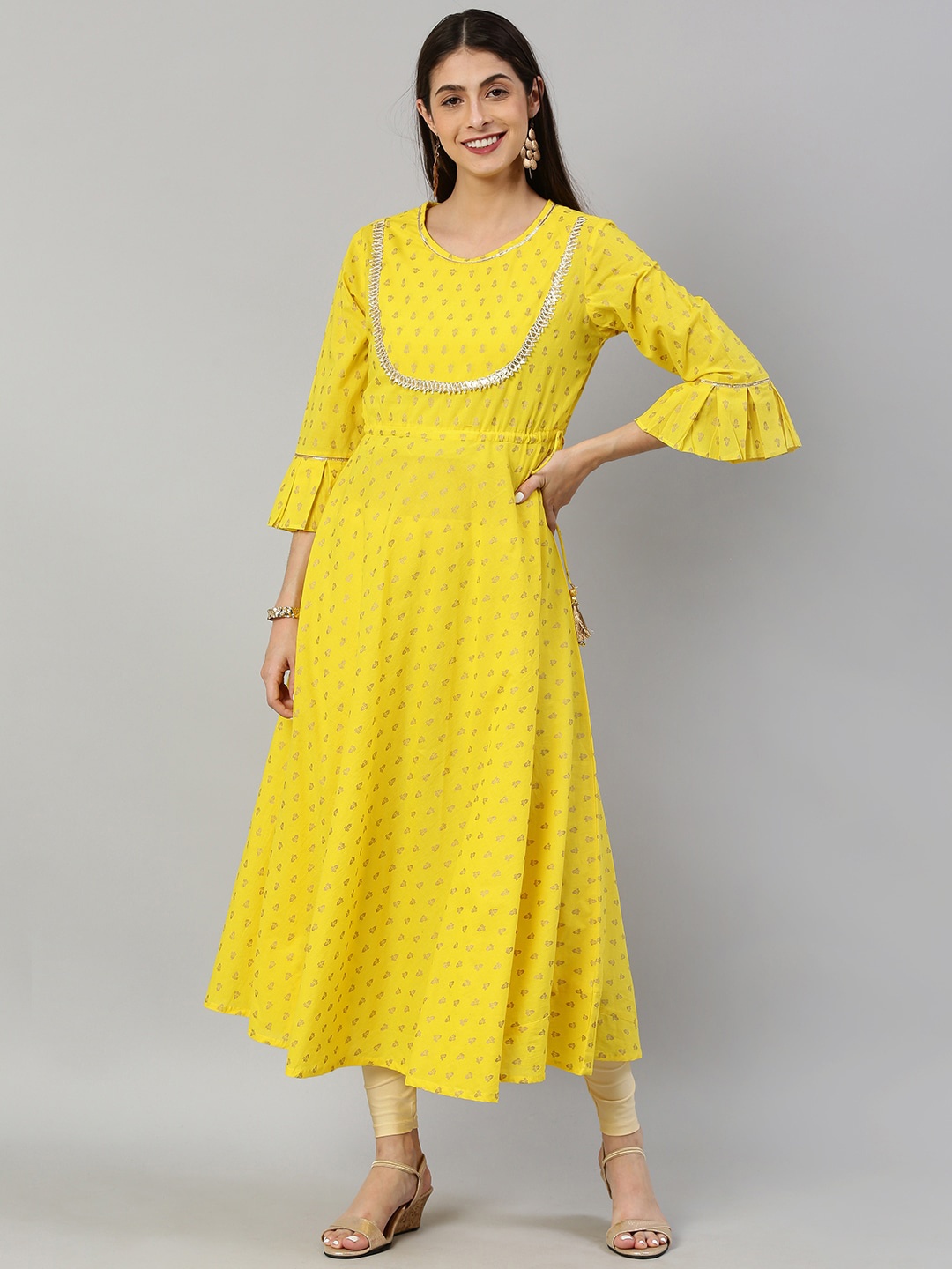 

YASH GALLERY Ethnic Motifs Printed Gotta Patti Cotton Kurta, Yellow