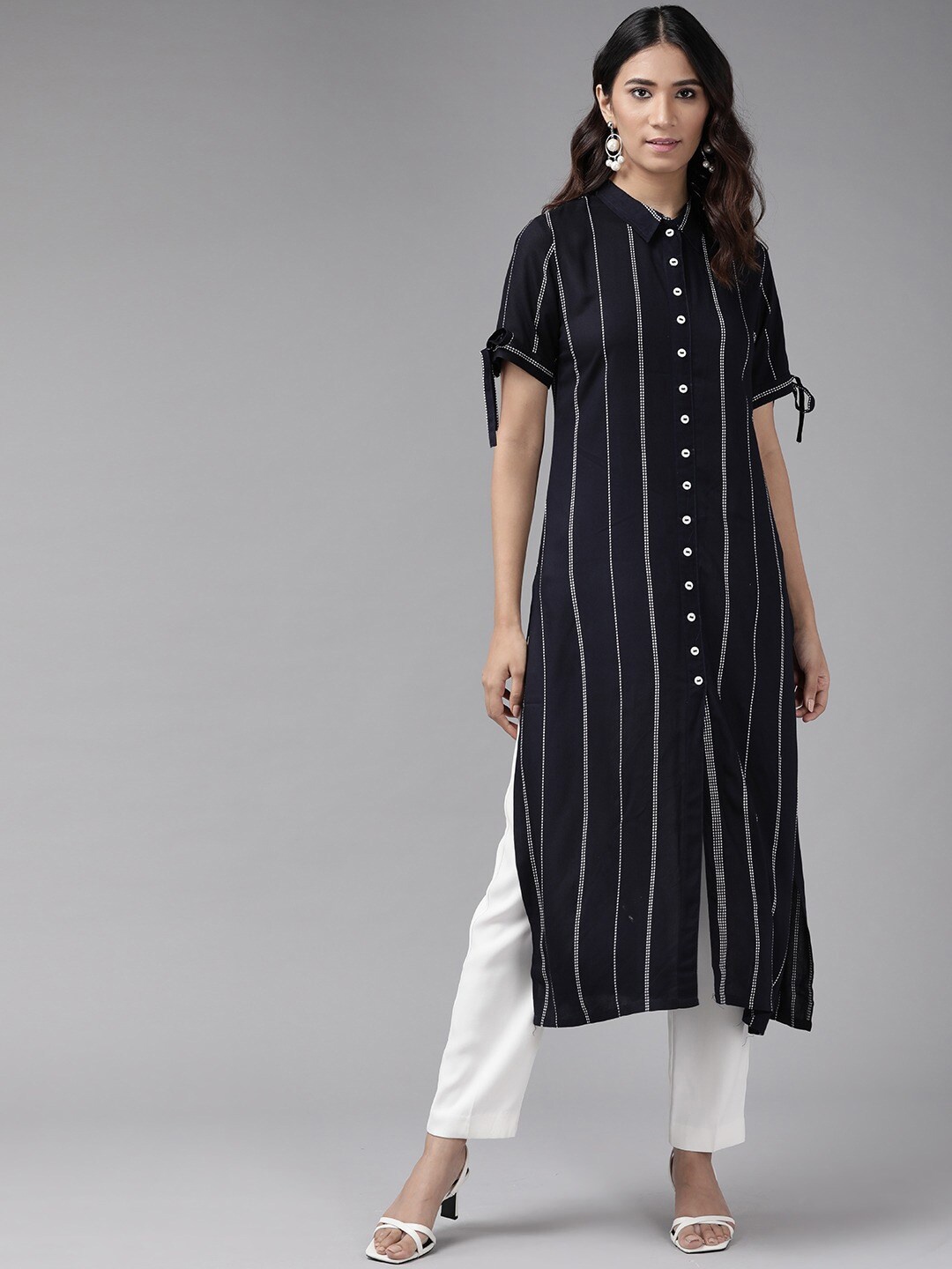 

YASH GALLERY Striped Shirt Collar Kurta, Blue