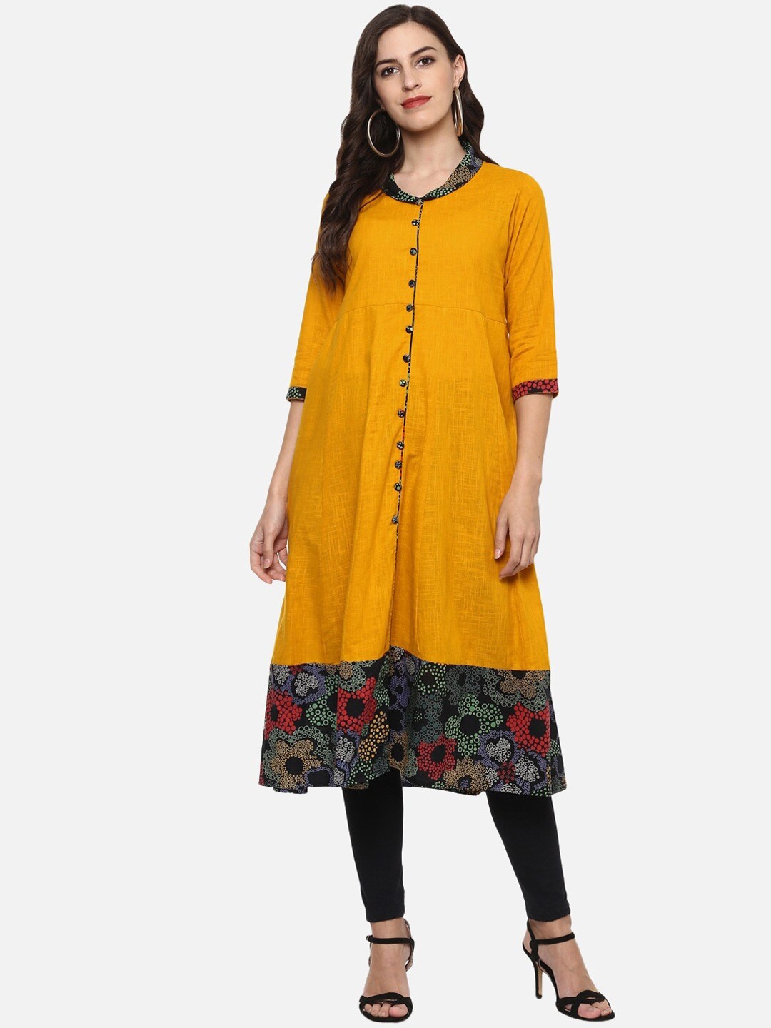 

YASH GALLERY Floral Printed Band Collar Pure Cotton A-Line Kurta, Yellow