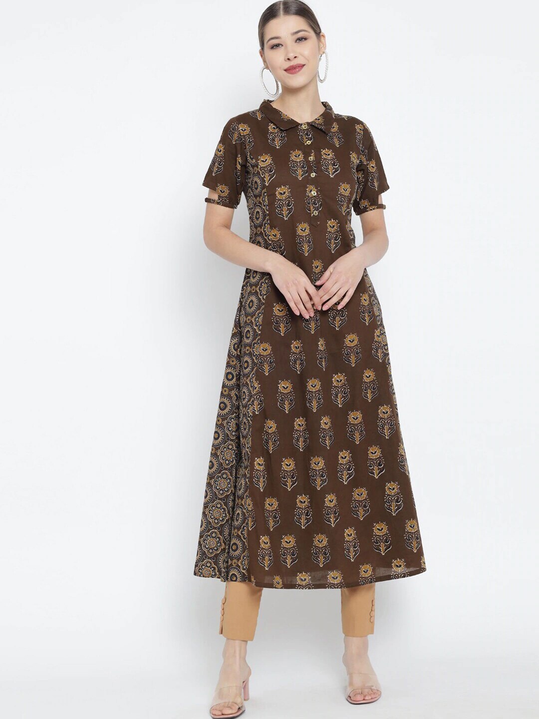 

YASH GALLERY Ethnic Motifs Printed Shirt Collar Cotton A-Line Kurta, Brown