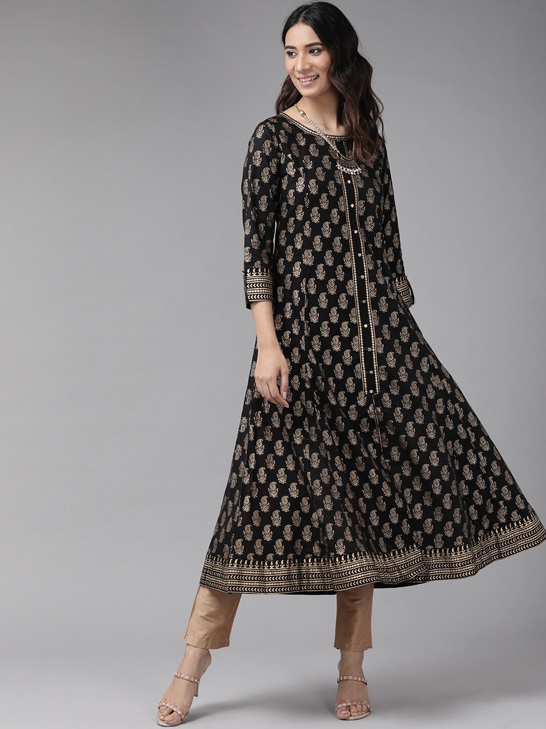 

YASH GALLERY Ethnic Motifs Printed A-Line Cotton Kurta, Black