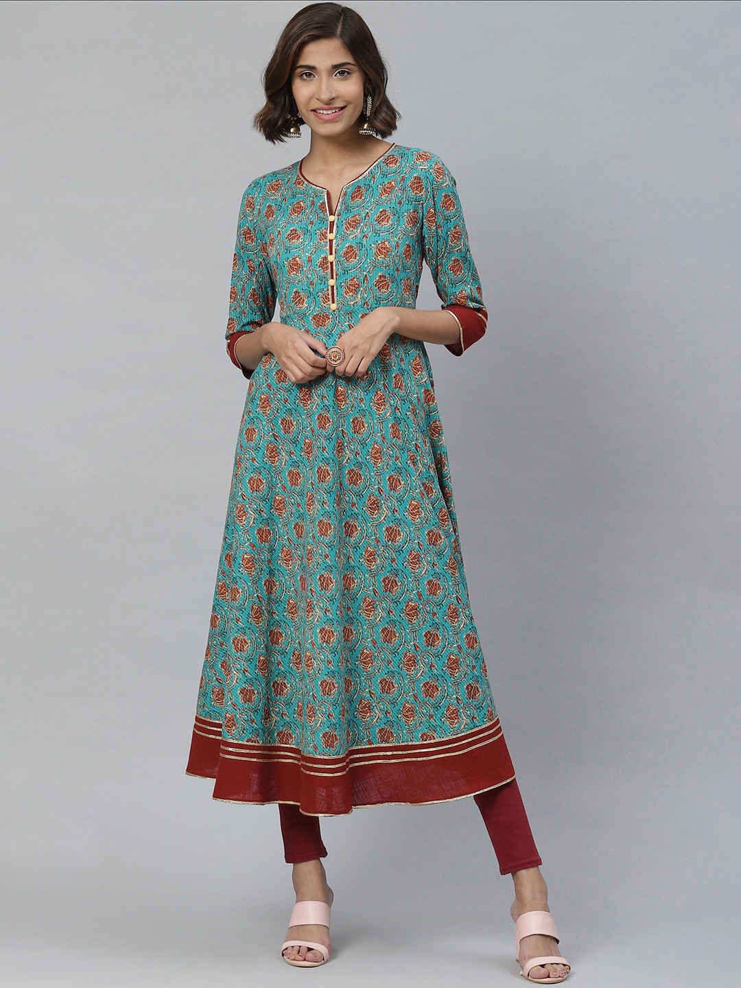 

YASH GALLERY Floral Printed Cotton A-Line Kurta, Teal
