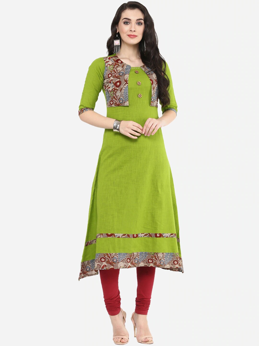 

YASH GALLERY Floral Printed Cotton A-Line Kurta, Green