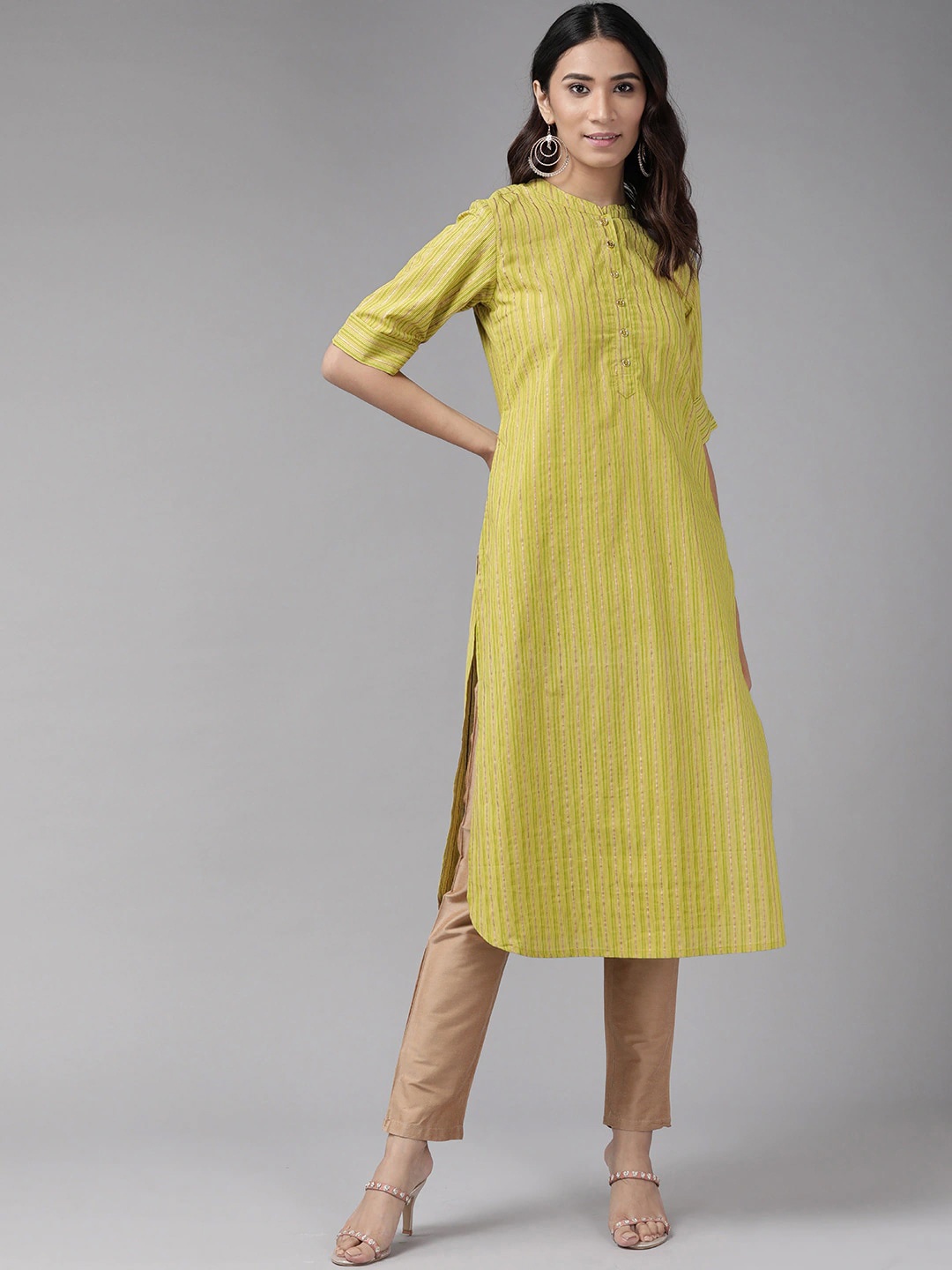 YASH GALLERY Striped Printed Band Collar Cotton Straight Kurta, Green