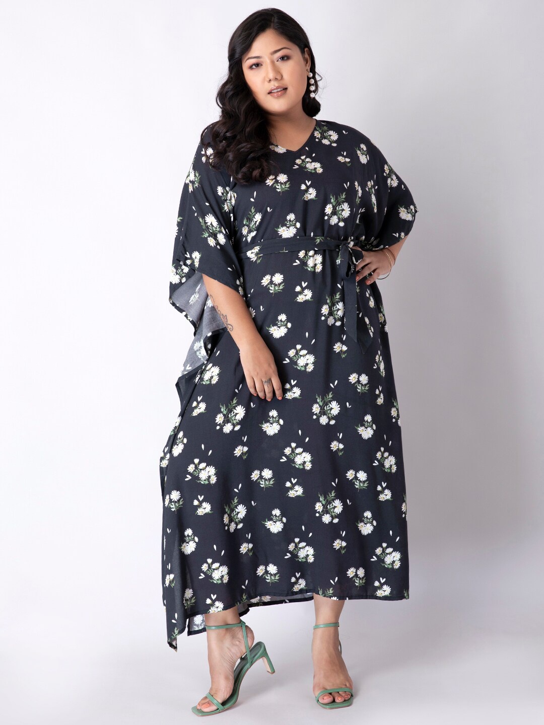 

FabAlley Plus Size Floral Printed Belted Kaftan Dress, Blue