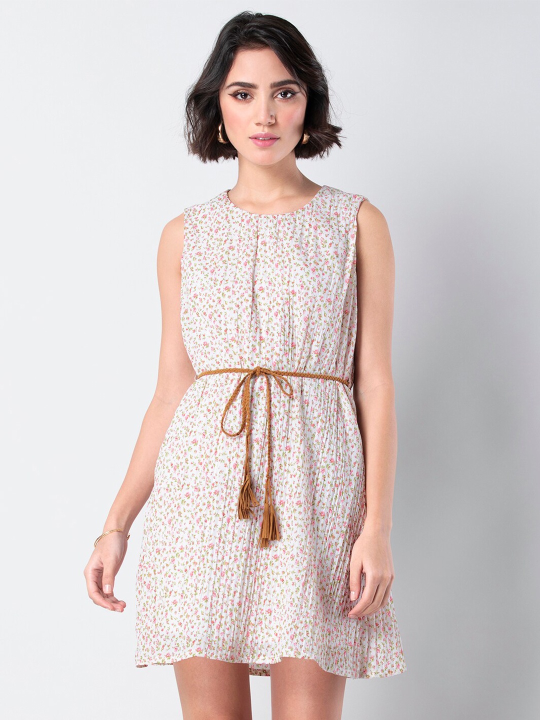

FabAlley Floral Printed Sleeveless Georgette Fit & Flare Dress, White