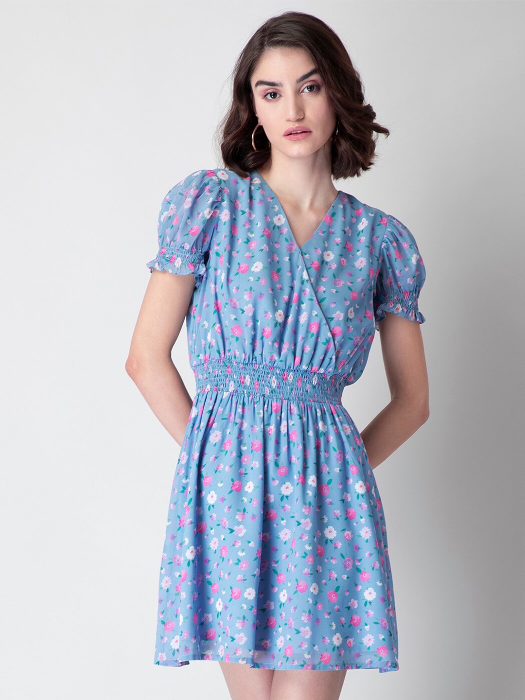 

FabAlley Smocked Floral Printed Fit & Flared Georgette Dress, Blue