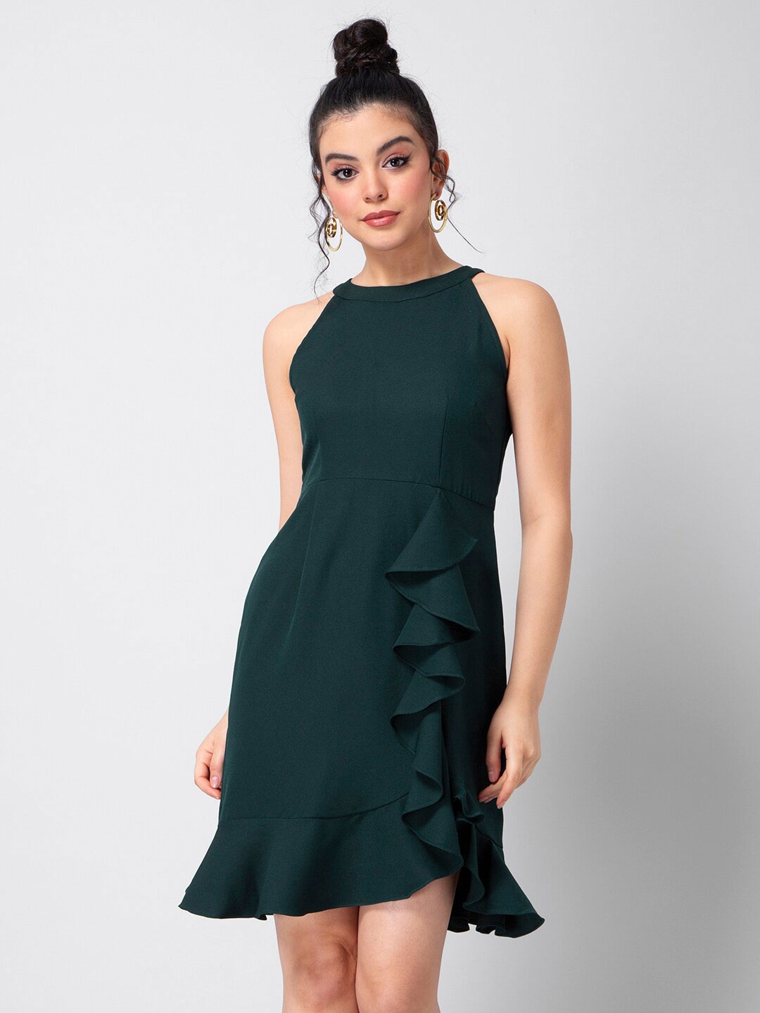 

FabAlley Halter Neck Ruffles Crepe Dress, Green