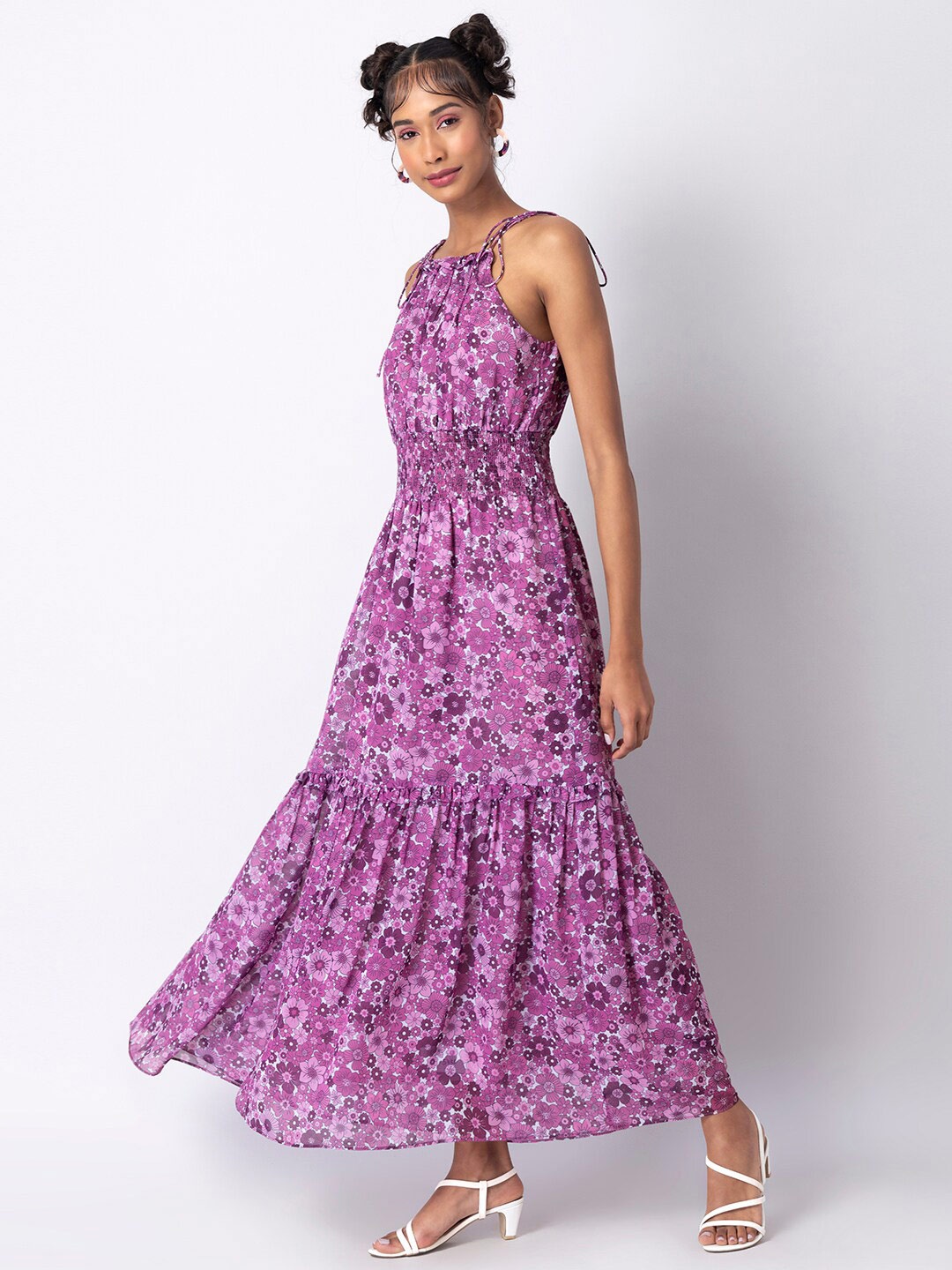 

FabAlley Floral Printed Smocked Ruffled Tiered Georgette Maxi Fit & Flare Dress, Violet