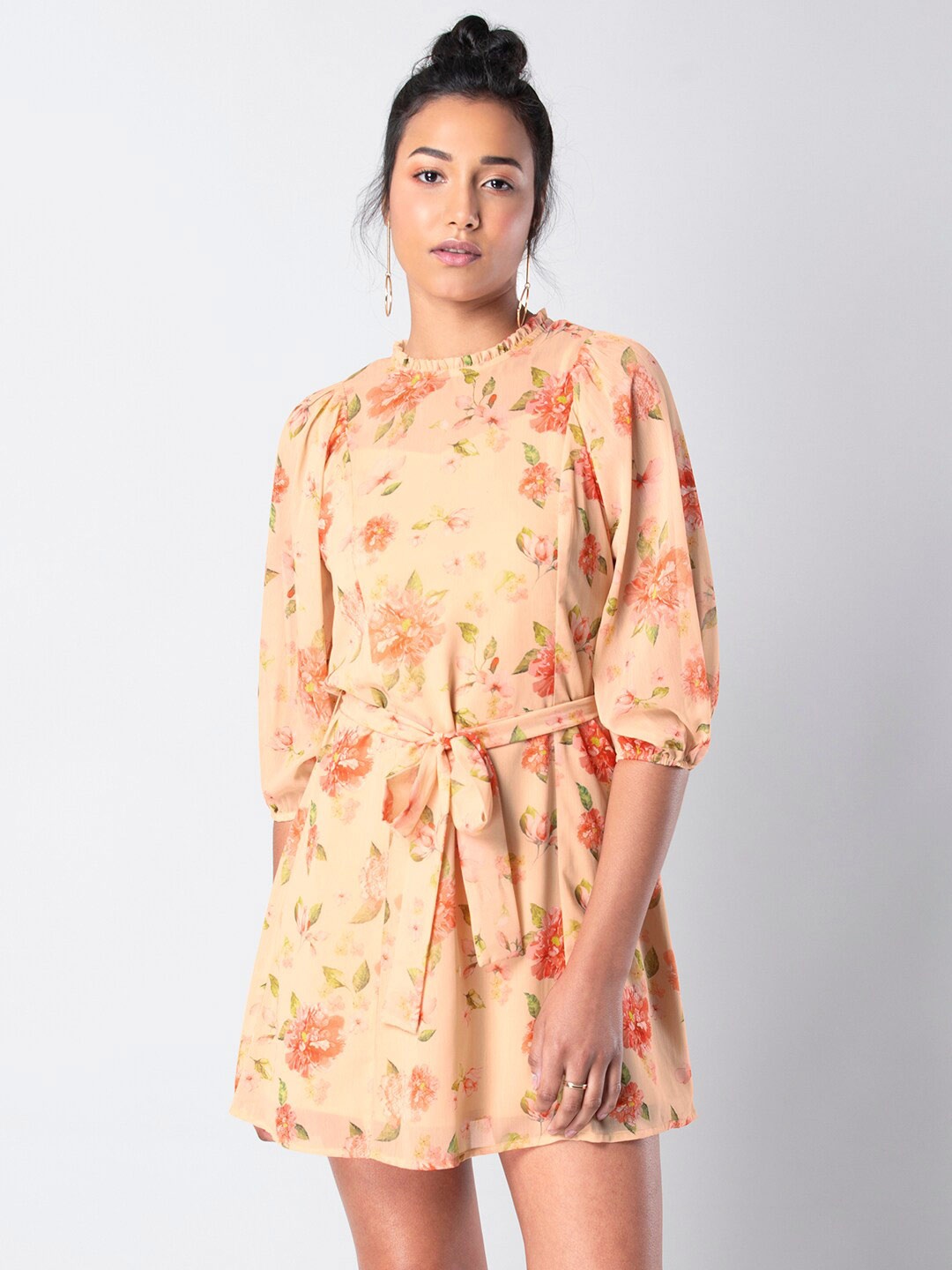 

FabAlley Floral Printed Belted Georgette Fit and Flare Dress, Yellow