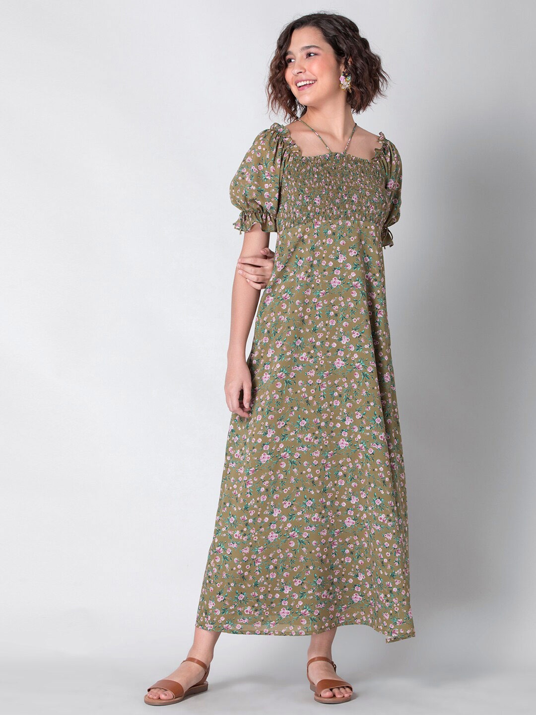 

FabAlley Floral Printed Georgette Maxi Dress, Green