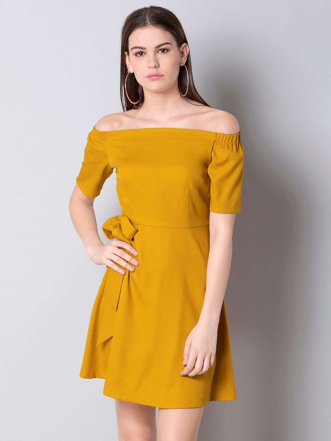 

FabAlley Off Shoulder Tie-Up Detail A-Line Dress, Mustard