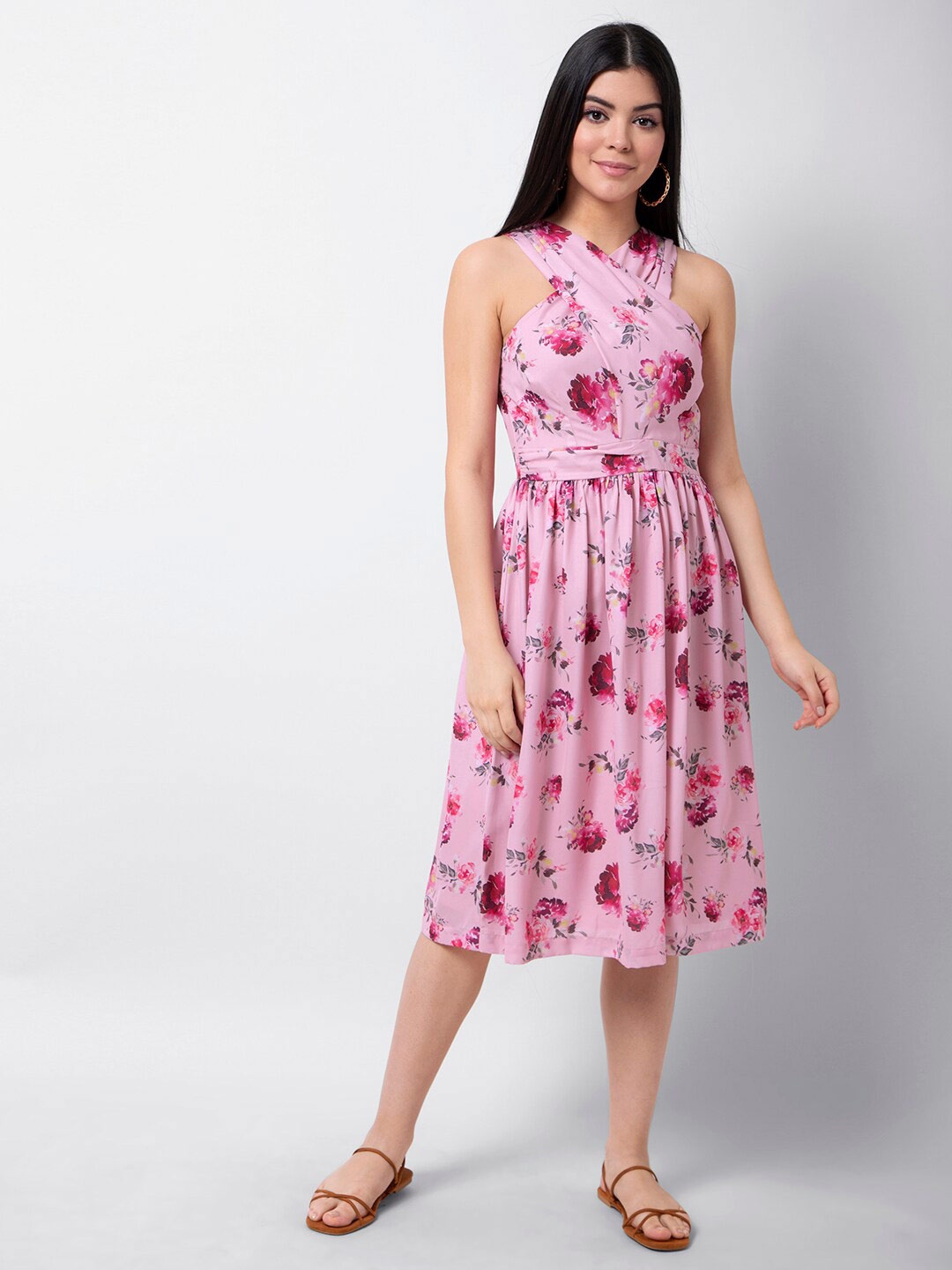 

FabAlley Floral Printed Georgette Fit and Flare Dress, Pink