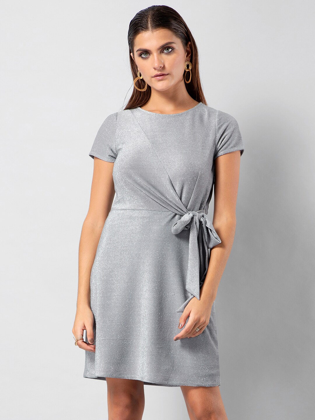 

FabAlley Boat Neck Tie-Ups Short Sleeves A-Line Dress, Grey