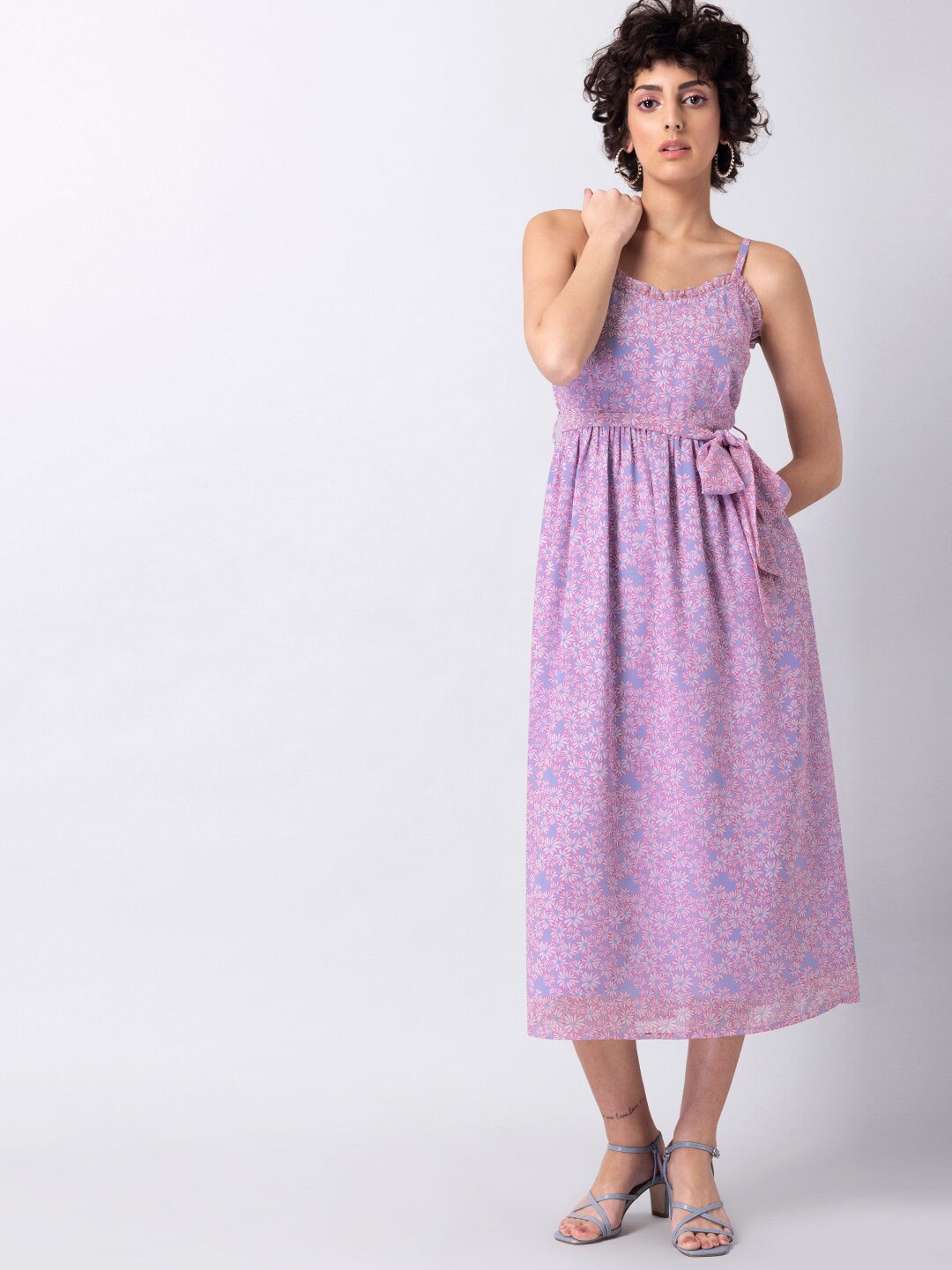 

FabAlley Floral Printed Ruffled Belted Georgette Midi Fit & Flare Dress, Lavender