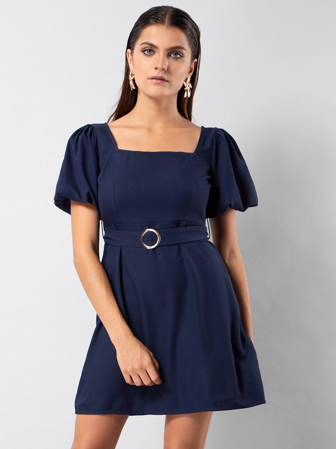 

FabAlley Square Neck Puff Sleeves Dress, Blue