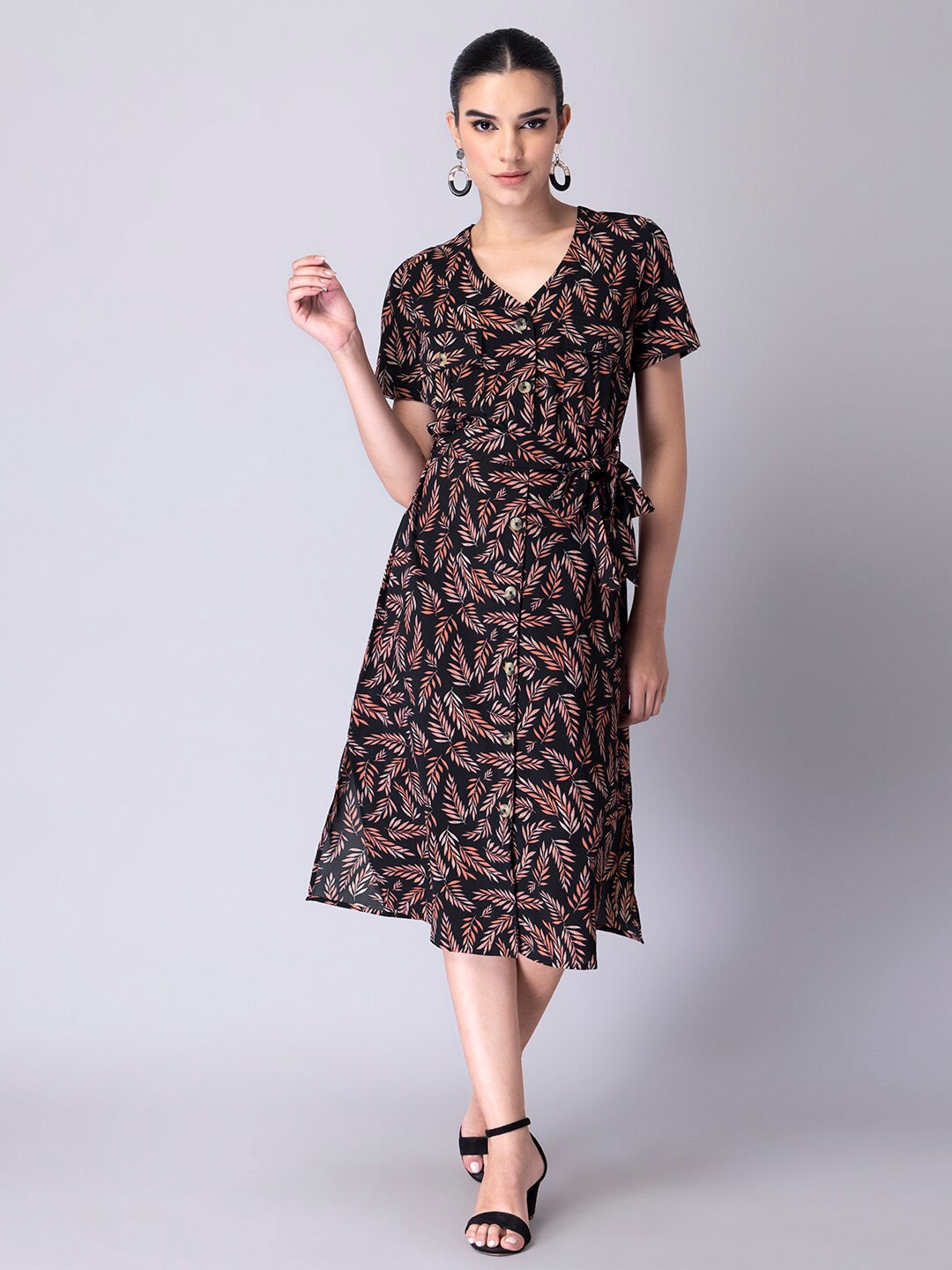 

FabAlley Tropical Printed V Neck Shirt Style Midi Dress, Black