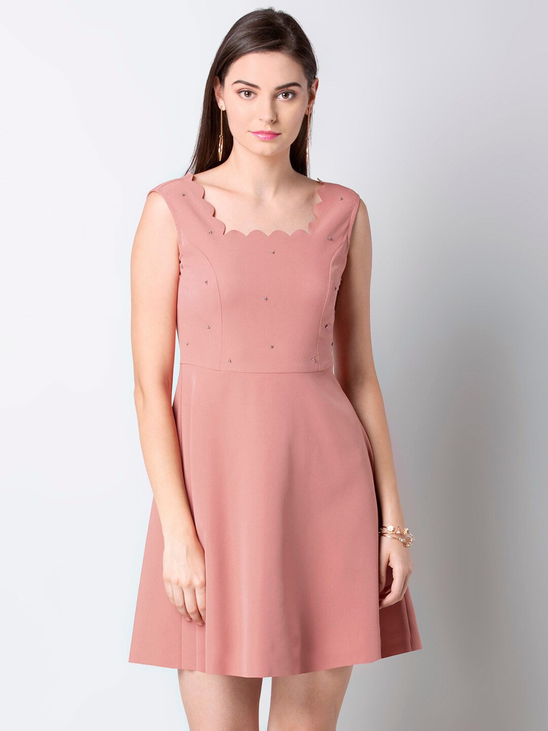 

FabAlley Square Neck Embellished Detail Dress, Pink