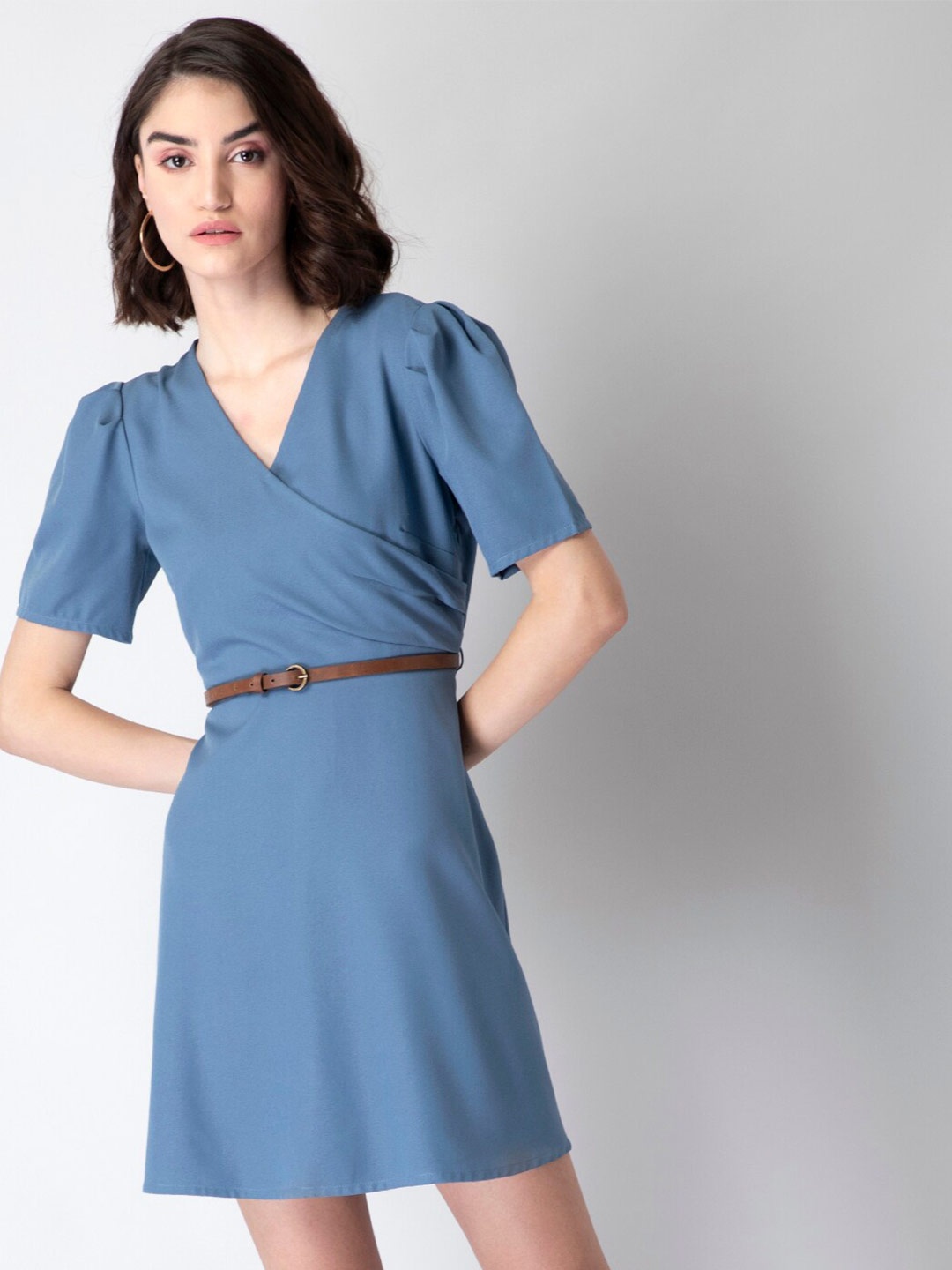 

FabAlley Puff Sleeves Crepe Wrap Belted Dress, Blue
