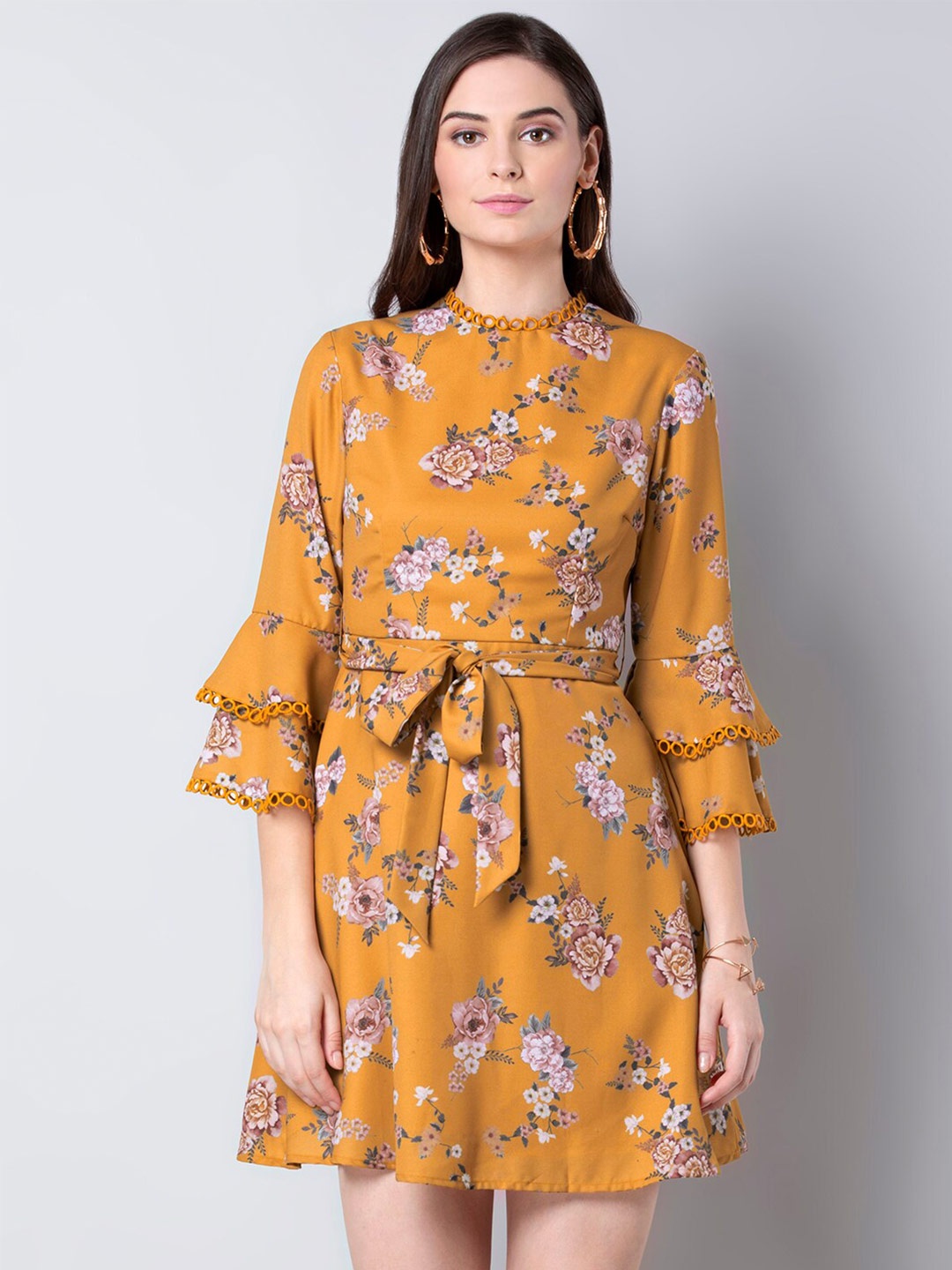 

FabAlley Floral Printed Bell Sleeves Belted Georgette A-Line Dress, Mustard