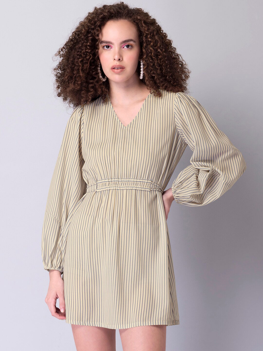 

FabAlley Puff Sleeves Striped Belted Dress, Beige