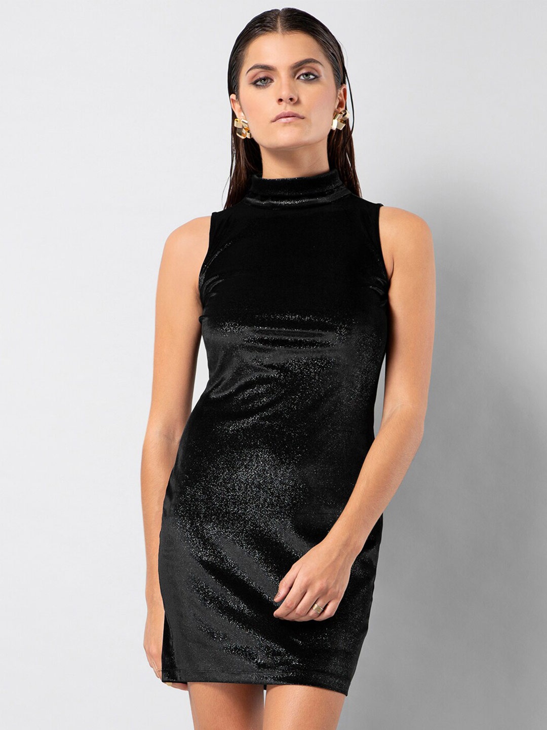 

FabAlley High Neck Velvet Mini Sheath Dress, Black