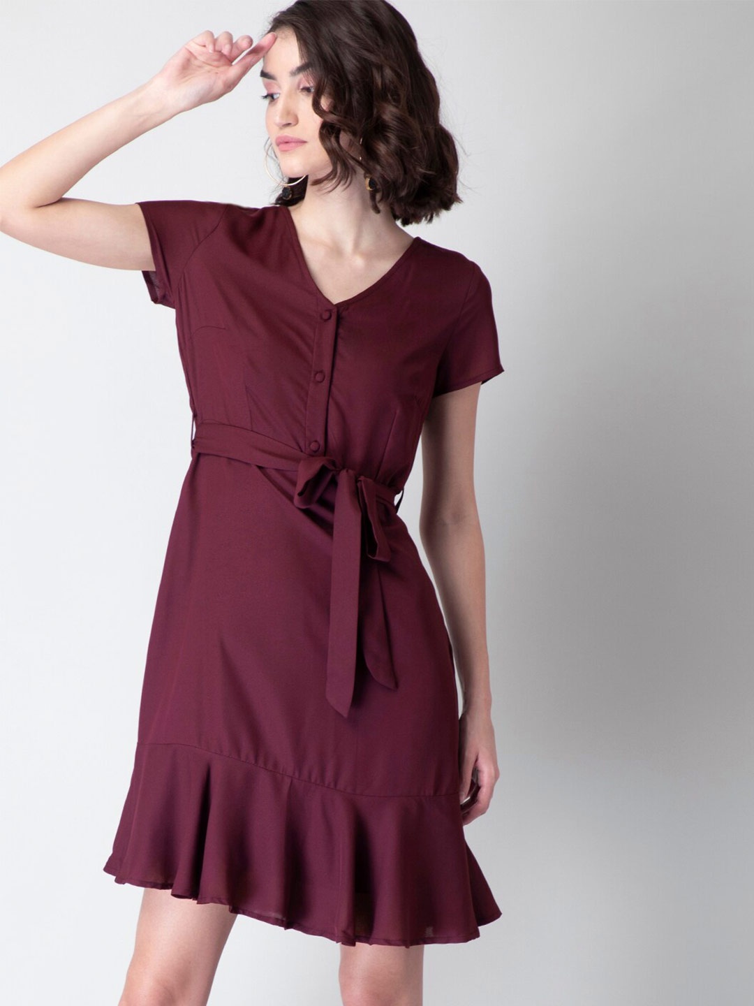 

FabAlley Crepe A-Line Belted Dress, Purple