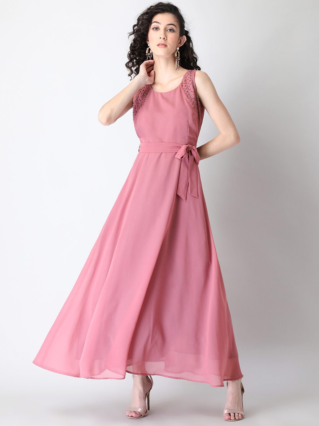 

FabAlley Sleeveless Georgette Belted Maxi Dress, Pink